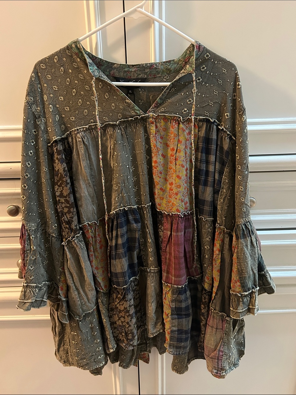 NWT Young Threads Patchwork Ruffled Peasant Top - Olive Multi